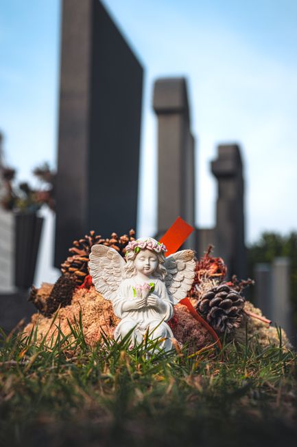 A small, detailed angel figurine with delicate feathered wings, wearing a floral crown and holding a pink heart, is placed on the ground among natural elements such as pinecones, dried moss, and a red