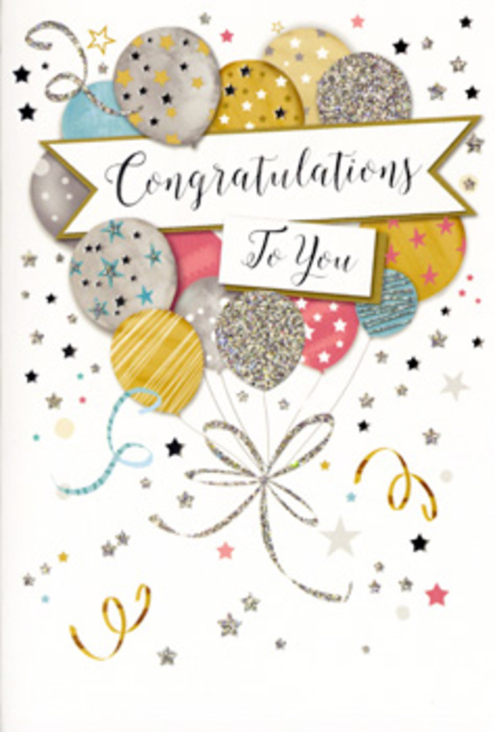 In this image, a beautifully designed congratulations card stands as the visual equivalent of raising a glass in celebration somewhere near the tree-lined paths of Beddington Park. The entire front of the card is dedicated to a carefully composed cluster of illustrated balloons, arranged almost like a florist prepares a focal bouquet: layered, balanced, and full of gentle movement. The balloons are rounded and softly glowing in a palette of champagne gold, luminous silver, delicate blush pink, airy sky blue, and muted grey, each with subtle highlights that give a sense of dimension. Some carry tiny sparkling stars sprinkled across their surfaces, others have neat horizontal stripes or scattered glitter-like flecks, adding visual texture without crowding the design. From the central knot where the balloons meet, fine ribbons in metallic gold and silver cascade downward in graceful curls, echoing the elegant curves of satin ribbon often used to finish a hand-tied arrangement at a local Beddington florist. Around this central motif, a sprinkling of small stars, dots, and swirling filigrees spread out across the light, creamy background, like confetti drifting in the air long after it's been tossed. A softly arching banner cuts elegantly through the centre of the composition, edged with a hint of metallic sheen and bearing a Congratulations message written in flowing, calligraphic lettering that feels warm, thoughtful, and celebratory. You can almost feel the raised shimmer of glitter and the smooth weight of the cardstock under your fingertips, the same satisfying sensation as running a hand over beautifully wrapped flowers. The card's overall mood is proud yet gentle, a perfect partner for bouquets sent to mark promotions, graduations, or any cherished milestone within the Beddington community.