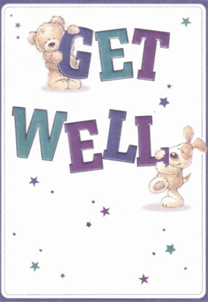 In this gentle get well card illustration, the focus is on two adorable companions who seem determined to deliver a message of comfort and cheer. A soft, snuggly teddy bear, with rounded limbs and a slightly oversized head, stretches its paws over the top of the bold word GET, as if proudly presenting the sentiment. Just below, a floppy-eared puppy presses its body tenderly against the word WELL, its fur rendered in delicate strokes that suggest a velvety, well-loved coat. The lettering is substantial and welcoming, each letter filled with rich indigo, purple, and teal tones that deepen towards the edges, giving a light 3D quality, like cushioned blocks or painted wooden letters arranged on a nursery shelf. Sprinkled around the scene are star motifs-some tiny specks, others more defined bursts-each in varying shades of blue, violet, and aqua, drifting across a smooth, pale cream background. The space around the characters is intentionally open, creating a sense of calm and cleanliness that would feel at home in a quiet bedroom off Croydon Road or a cosy sitting room near Beddington's local shops, where someone might be convalescing with a mug of tea close by. There's no clutter, just this duo of comforting figures and a sky of hopeful stars, much like how a well-composed bouquet uses breathing space between stems to let each flower shine. Imagine this card resting beside a vase of soft pastels and gentle greenery, perhaps arranged by Florist Beddington for a same-day delivery to a recovering friend. Together, image and flowers would bring not only colour but also an unspoken promise of better days ahead, conveyed through cuddly warmth, playful design, and a reassuringly clear message of care.
