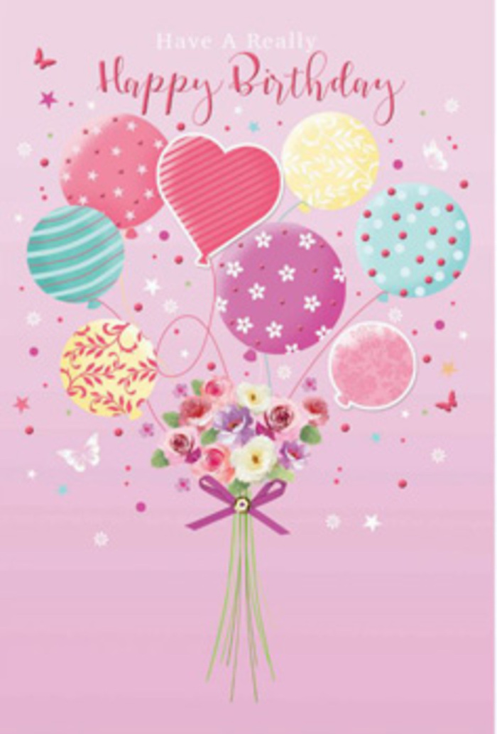 There is a sense of gentle jubilation in this birthday illustration, as though the scene were unfolding just above Beddington's quiet streets. A bouquet of pastel balloons floats upward, cradling a small cluster of flowers at its base, creating the impression that the blooms themselves are being lifted into celebration. The balloons are rendered in a soothing mix of rose pink, seafoam green, and pale lemon, each one uniquely decorated: some with twirling ribbon stripes that wrap gracefully around their curves, others with lighthearted dots or swirling motifs that recall the decorations of a well-loved family party. At the focal point of the artwork, the hand-tied bouquet feels fresh and full, featuring flowers that resemble petite roses and daisy-like blooms, their petals softly shaded from creamy ivory to rosy blush and lavender. You can almost imagine these stems having been arranged that very morning for a local birthday surprise in Beddington. A sparkling purple bow gathers the stems neatly, with a texture that suggests satin or organza, catching the light and lending a subtle sheen. The lighting in the scene is bright but diffused, casting delicate highlights along balloon edges and tracing the contours of each petal, which adds depth and a sense of gentle motion. The artwork as a whole radiates warmth and affection, turning a simple birthday greeting into a moment of delight that feels rooted in real, thoughtful gesture-something you might send to a neighbour, friend, or family member living anywhere in Beddington.