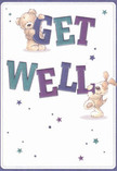 A whimsical illustrated get well card shows two endearing characters-a cuddly teddy bear and a floppy-eared puppy-working together to hold up the big, confident message GET WELL. The bear, soft and round with warm brown fur, hangs playfully over the top of the word GET, while the puppy leans in at the base of WELL, its velvety ears and wagging tail suggesting gentle, loyal companionship. The lettering itself is bold and friendly, shaded in rich indigo and teal with subtle gradients that add depth, as though the words have been cut from plush fabric. Around them, scattered star shapes in blues and purples sparkle against a clean, creamy white background, like little bursts of hope drifting across the card. The whole scene feels bright and uncluttered, much like the calm, open light you find on a clear morning over Beddington Park. There is no clutter or harsh contrast-just a soft, reassuring clarity that echoes the comfort of sending a thoughtfully chosen bouquet to someone resting at home near Church Road or down by the local schools. You can almost imagine this card propped beside a vase of fresh, soothing flowers, the kind of bedside arrangement a Beddington florist would design with gentle colours and delicate textures. Together, the charming characters, the joyful lettering, and the twinkling stars create a sense of tenderness and optimism, ideal for lifting the spirits of a child in recovery or offering a moment of light-hearted encouragement to an adult who simply needs to feel cared for and remembered.