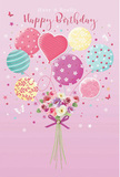 This delightful birthday card image feels as if a pocket-sized celebration has been set afloat above Beddington, carried by a bouquet of balloons and flowers. At the centre, pastel balloons cluster together, their rounded forms overlapping softly as they lift a small bouquet upward. The colour palette is tender and inviting, with gentle pinks, cool aqua-greens, and soft yellows mingling like the sky at first light. Each balloon bears its own playful character: some are wrapped with candy-striped ribbons that curl as they rise, others dotted with cheerful spots, and a few adorned with subtle, swirling designs that hint at confetti or party streamers. Just below this airy cluster, a dainty bouquet sits at the base of the balloons, its blossoms full and slightly layered, painted in shades of blush, cream, and dusky lilac. The flowers look dewy and fresh, as though they've been carefully arranged for birthday delivery by a local Beddington florist who values every detail. A lustrous purple bow is tied around the stems, its loops smooth and slightly reflective, echoing the satin feel of a lovingly chosen ribbon. Soft, even light fills the scene, catching the gentle shine of the balloons and the natural radiance of the petals, creating fine shadows that give the illustration a sense of depth and floating movement. The overall effect is one of lightness, sweetness, and festive charm-a visual expression of birthday joy that feels perfectly suited to sending warm wishes throughout Beddington, whether to a cosy flat or a family home on a quiet street.