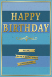In this image, a refined birthday card stands upright, its design built around restful stripes of blue and understated gold embellishments that would suit a quiet birthday gathering in Beddington perfectly. The background is composed of broad, horizontal bands of blue that shift gently from dark navy and denim tones through cooler teal to light, open-sky blue, forming a calm, graduated pattern reminiscent of looking across a still lake near Beddington Park. Centred on these bands is the bold greeting HAPPY BIRTHDAY, picked out in large, embossed gold capital letters. The metallic finish of the text is slightly raised, catching light at different angles and giving the design a sophisticated glow. Beneath the main words lies an ornamental golden flourish, a graceful, looping motif that adds a hint of classical charm and makes the card feel thoughtfully designed rather than mass-produced. In the lower third, three slender gold banners sit neatly one under another, mirroring the horizontal rhythm of the stripes. These banners carry the simple, heartfelt instruction: Relax, have a great day and enjoy!, inviting the recipient to pause and truly savour the moment. A fine gold border runs around the outer edge of the card, framing the composition like a subtle picture frame. The card stock itself appears smooth and sturdy, the blues printed with a velvety matte finish that contrasts pleasingly with the glossy, embossed gold. It is easy to imagine this card placed next to a fresh birthday arrangement delivered by a local Beddington florist, the shimmering lettering echoing the soft sheen on petals in the nearby bouquet.